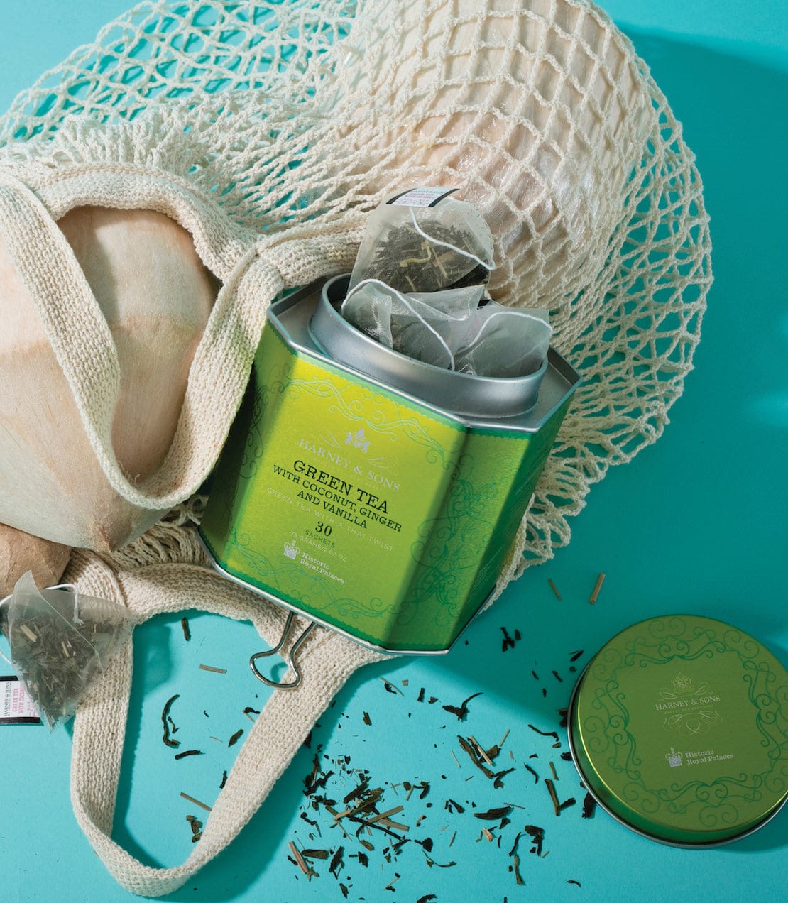 Product Image: Green Tea with Coconut, Ginger and Vanilla, HRP Tin of 30 Sachets
